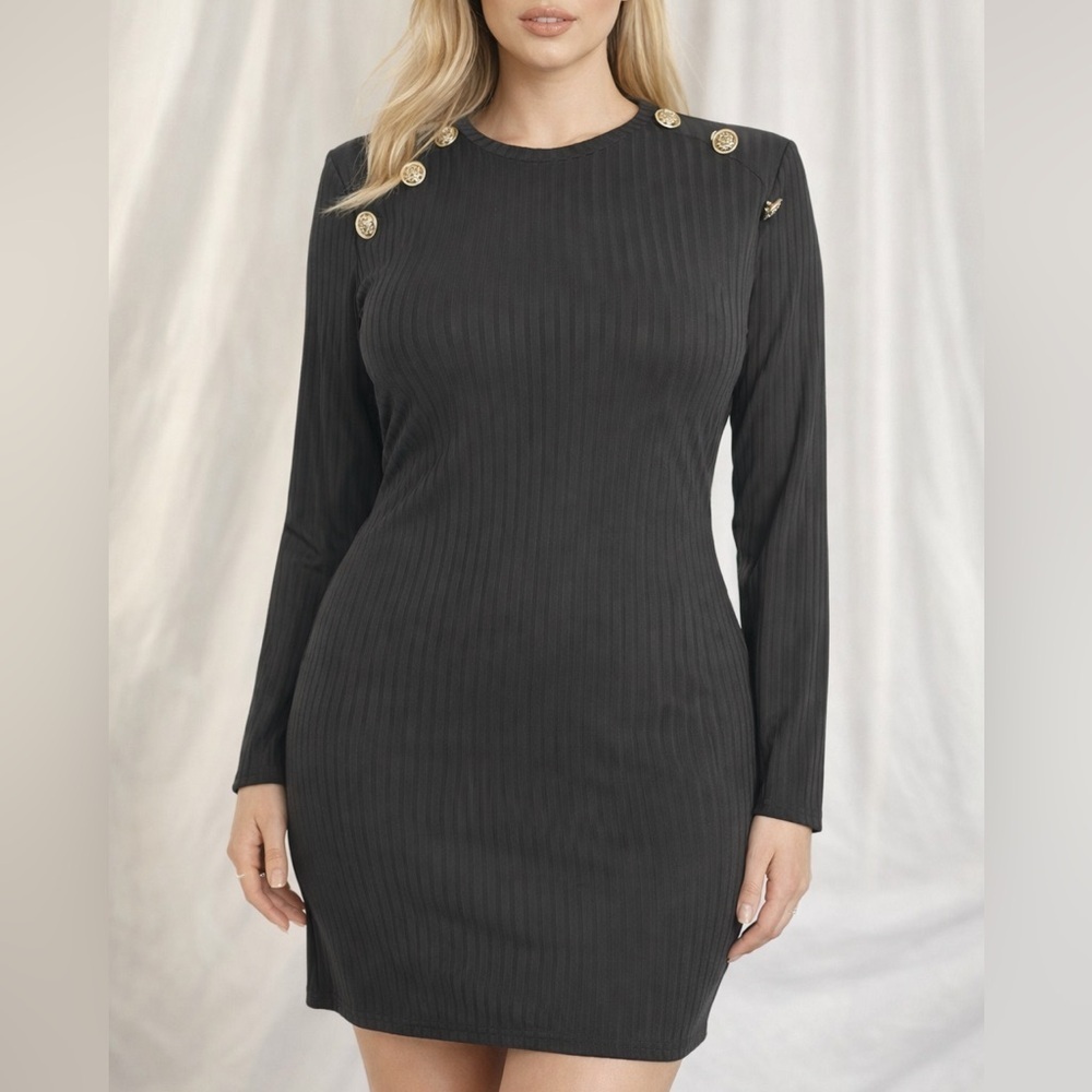 SHEIN Curve Black Ribbed Dress 2XL Gold Accent Long Sleeve Bodycon
(1252)
